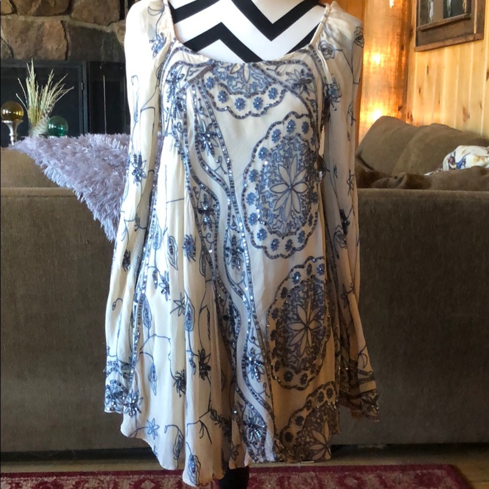Free People Blue and Cream Mini Dress